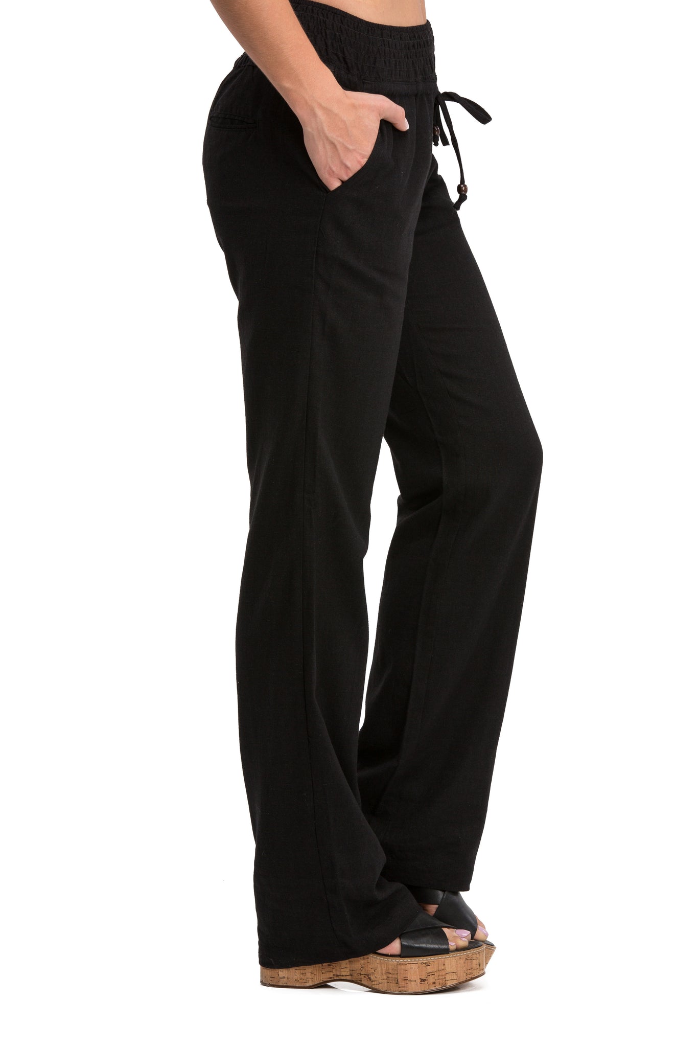 Comfy Drawstring Linen Pants Long with Smocked Band Waist (Black) - Poplooks