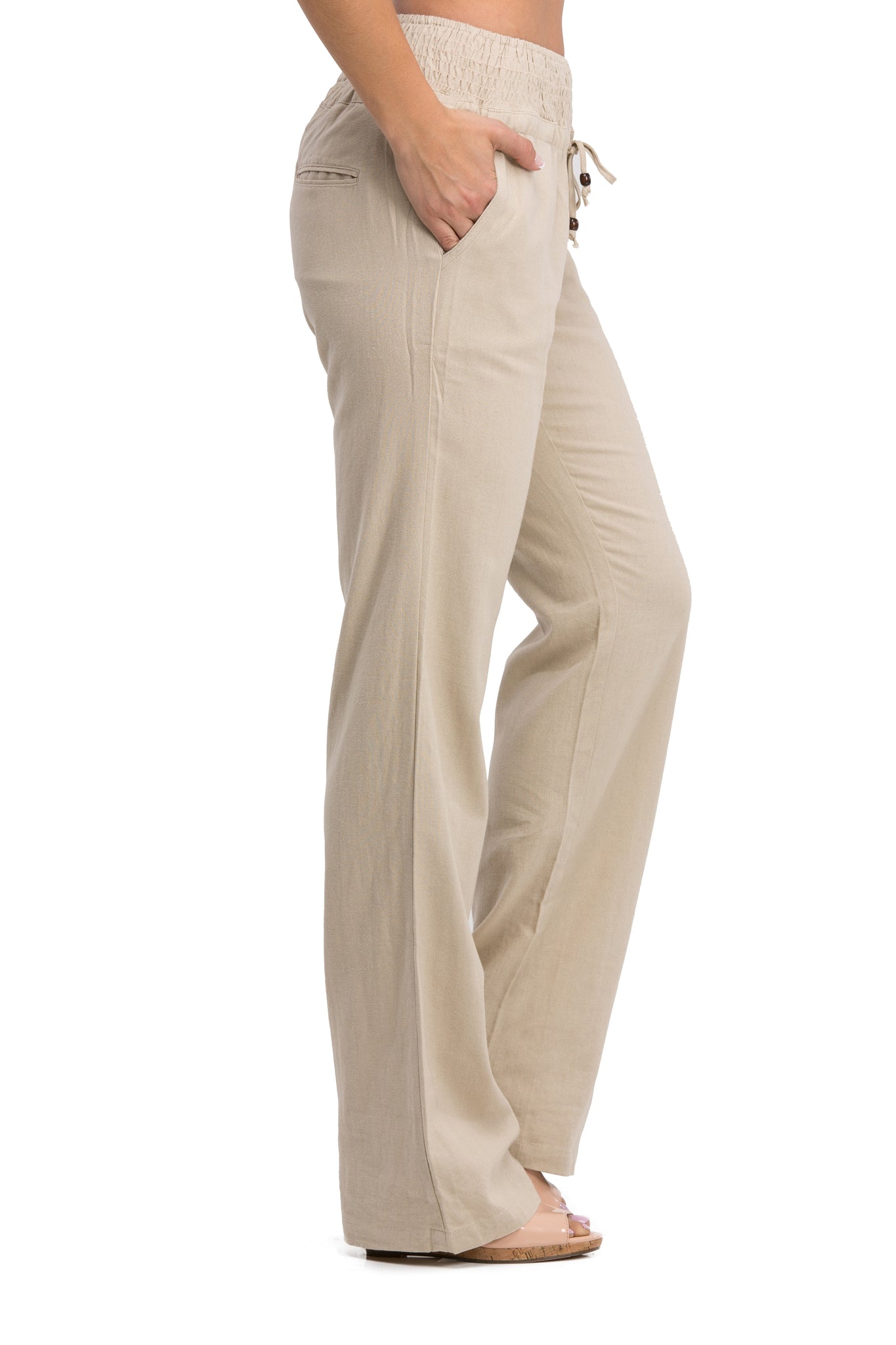 Comfy Drawstring Linen Pants Long with Smocked Band Waist (Natural) - Poplooks