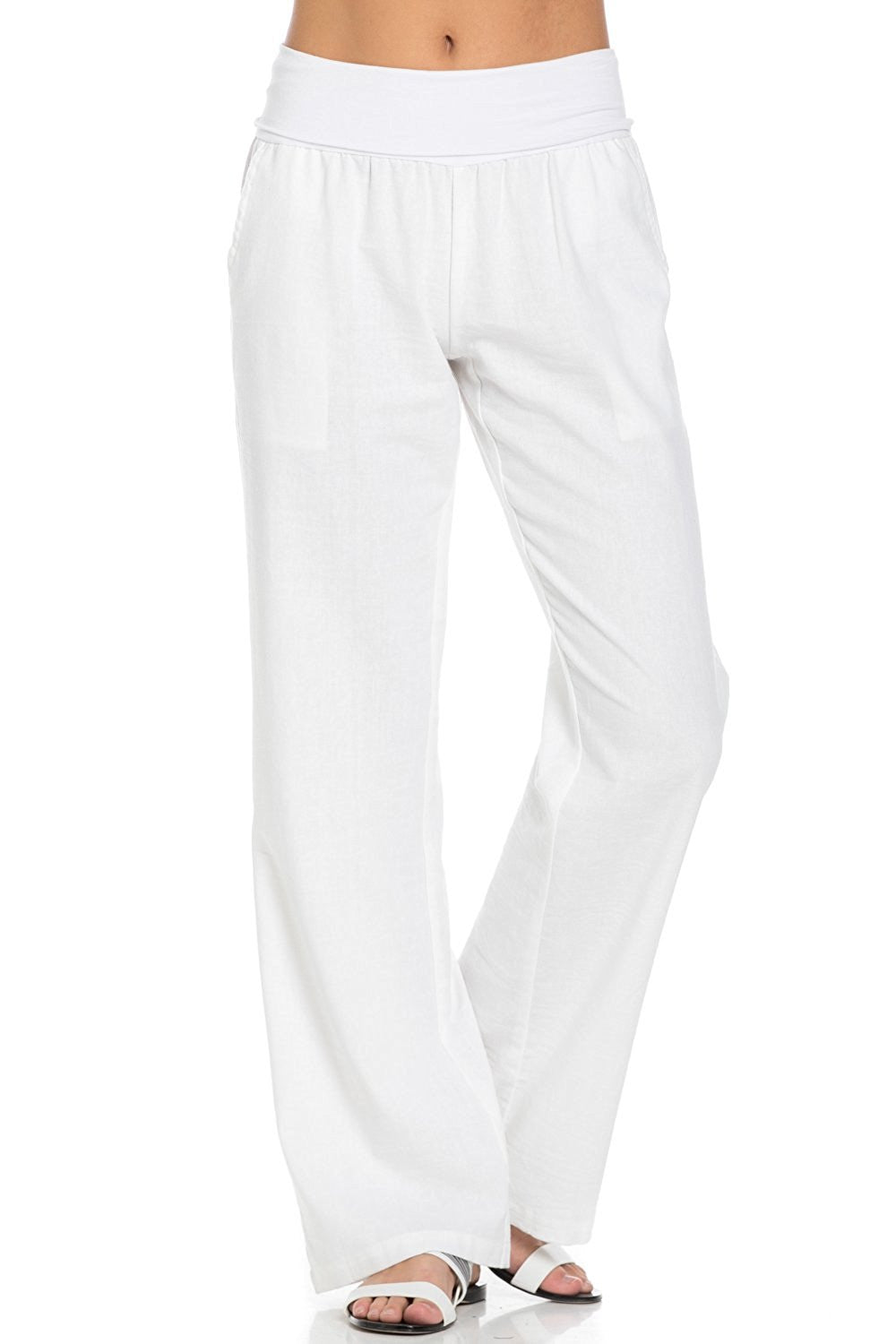 Comfy Fold Over Linen Pants (White) - Poplooks