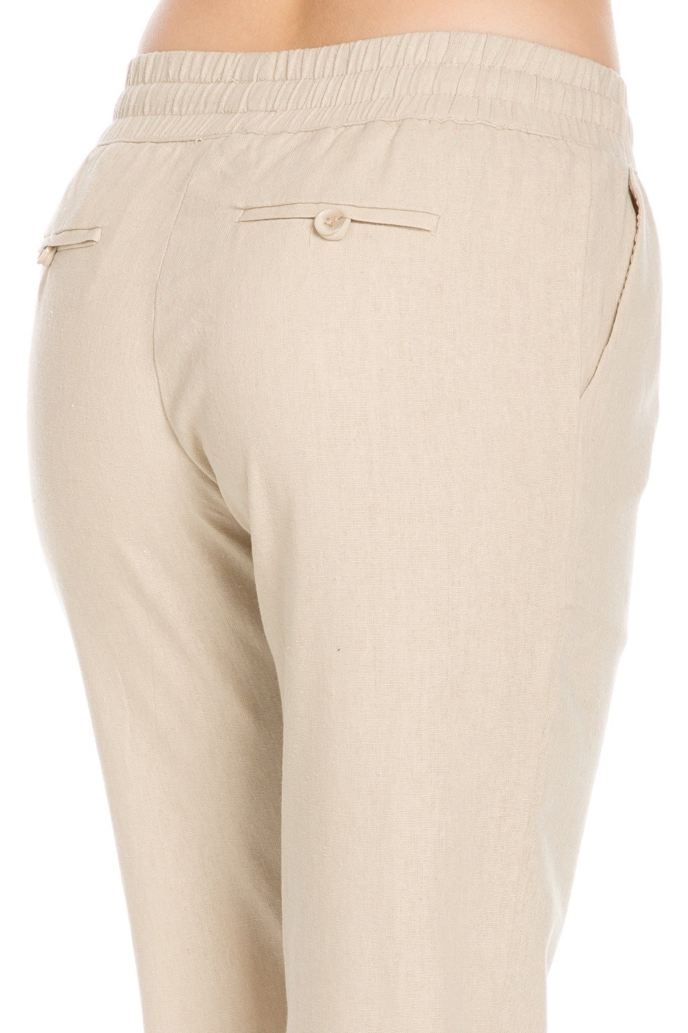 Comfy Drawstring Linen Pants Long with Band Waist (Natural) - Poplooks