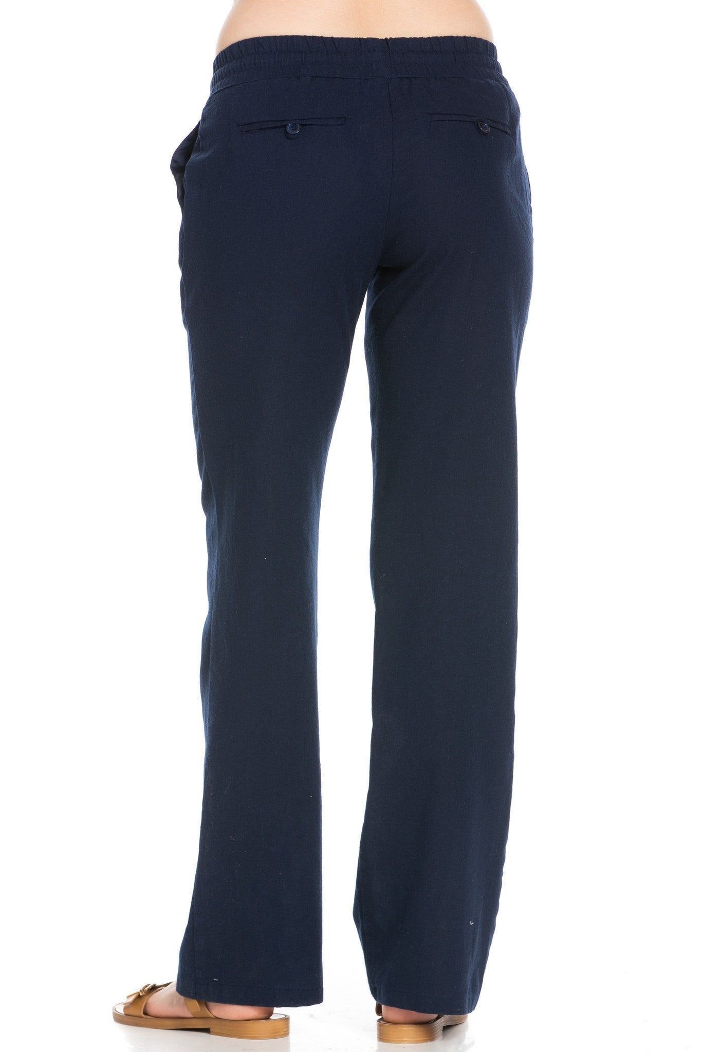 Comfy Drawstring Linen Pants Long with Band Waist (Navy) - Poplooks
