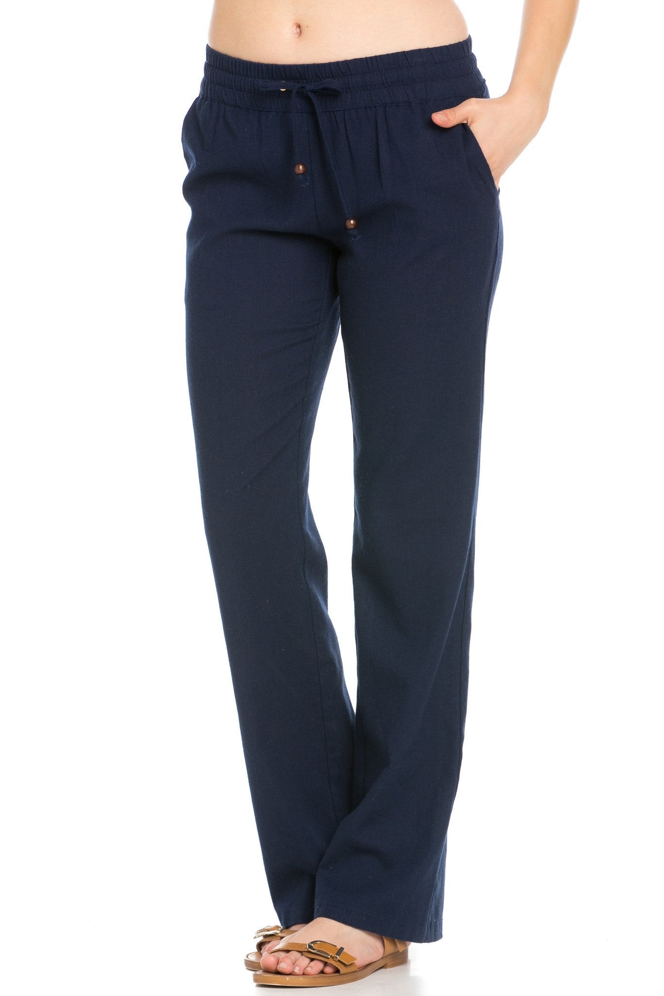 Comfy Drawstring Linen Pants Long with Band Waist (Navy) - Poplooks