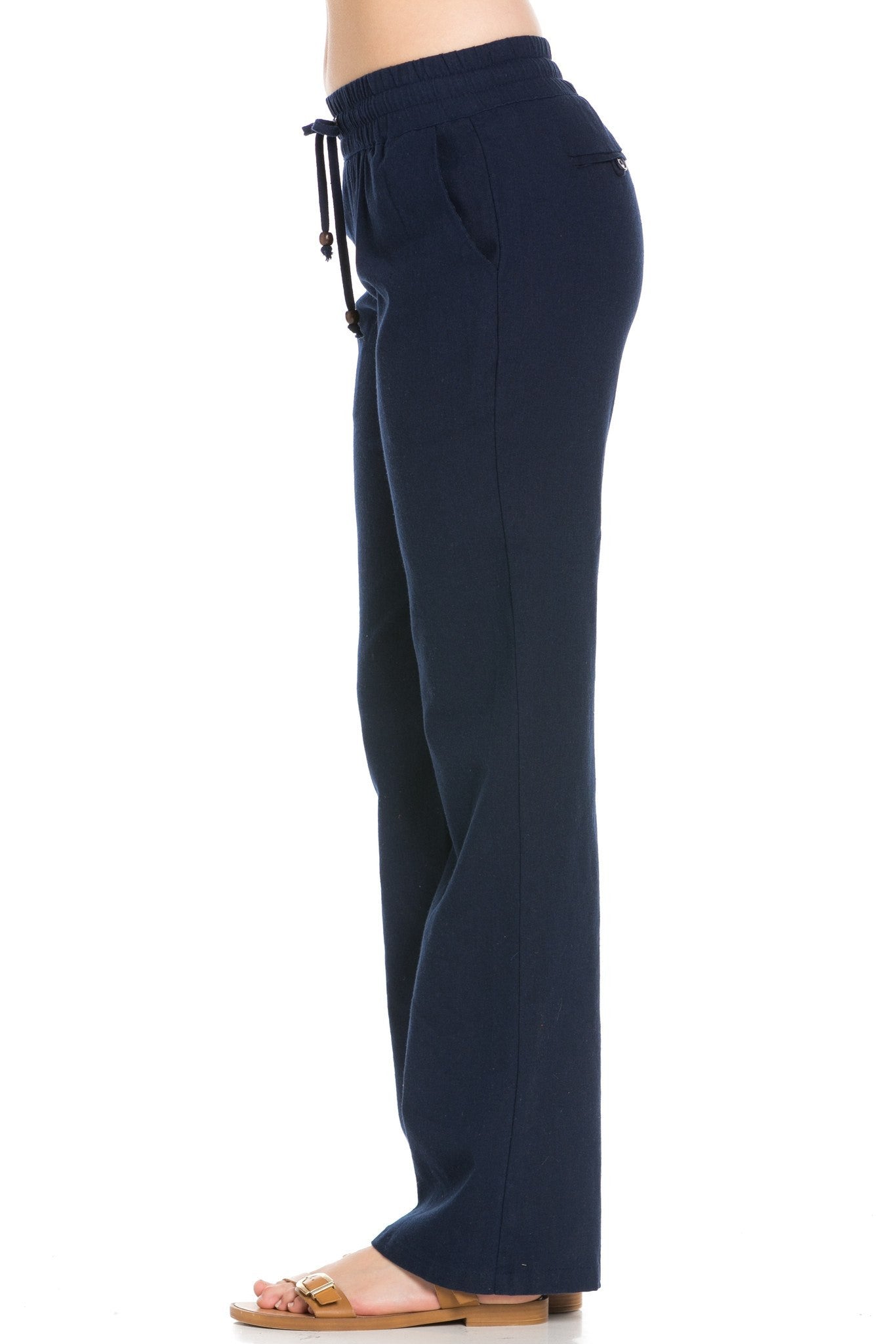 Comfy Drawstring Linen Pants Long with Band Waist (Navy) - Poplooks