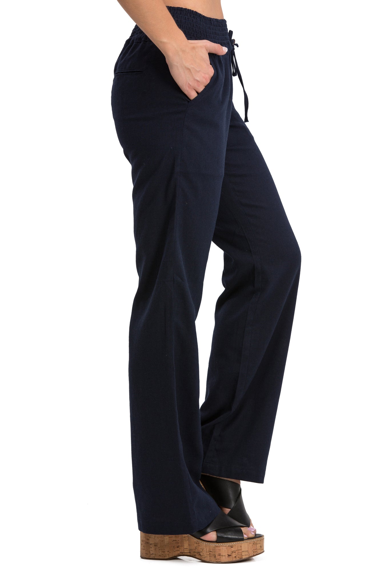 Comfy Drawstring Linen Pants Long with Smocked Band Waist (Navy) - Poplooks