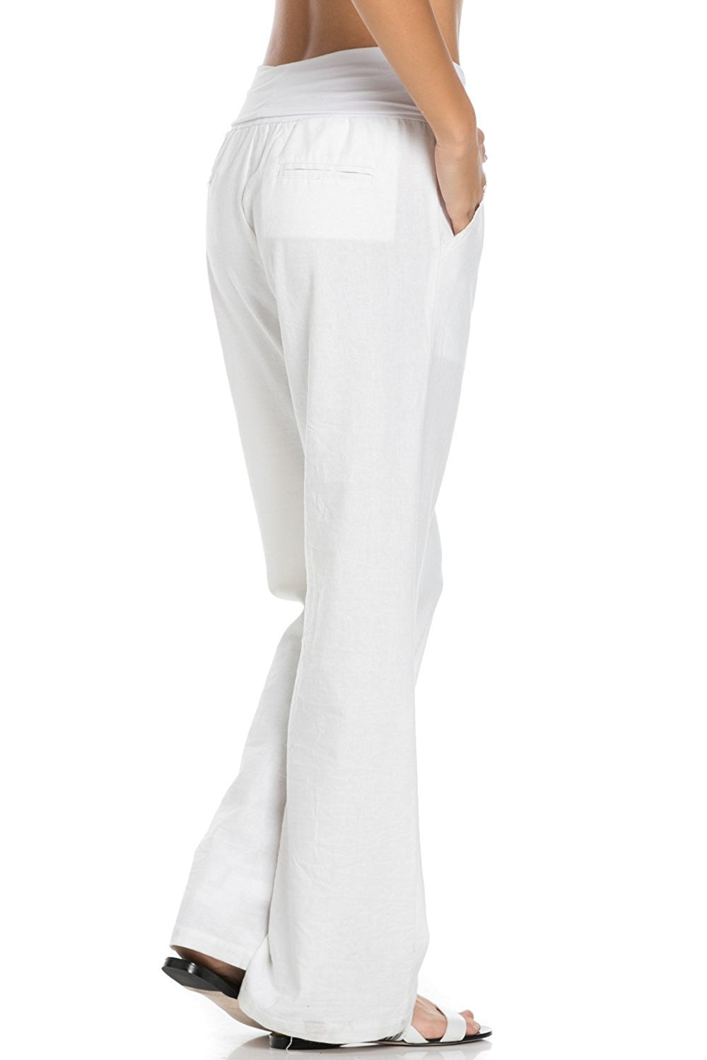 Comfy Fold Over Linen Pants (White) - Poplooks