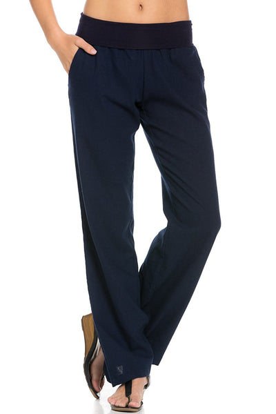 Comfy Fold Over Linen Pants (Navy) - Poplooks