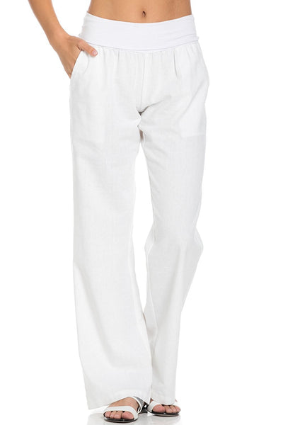 Comfy Fold Over Linen Pants (White) - Poplooks