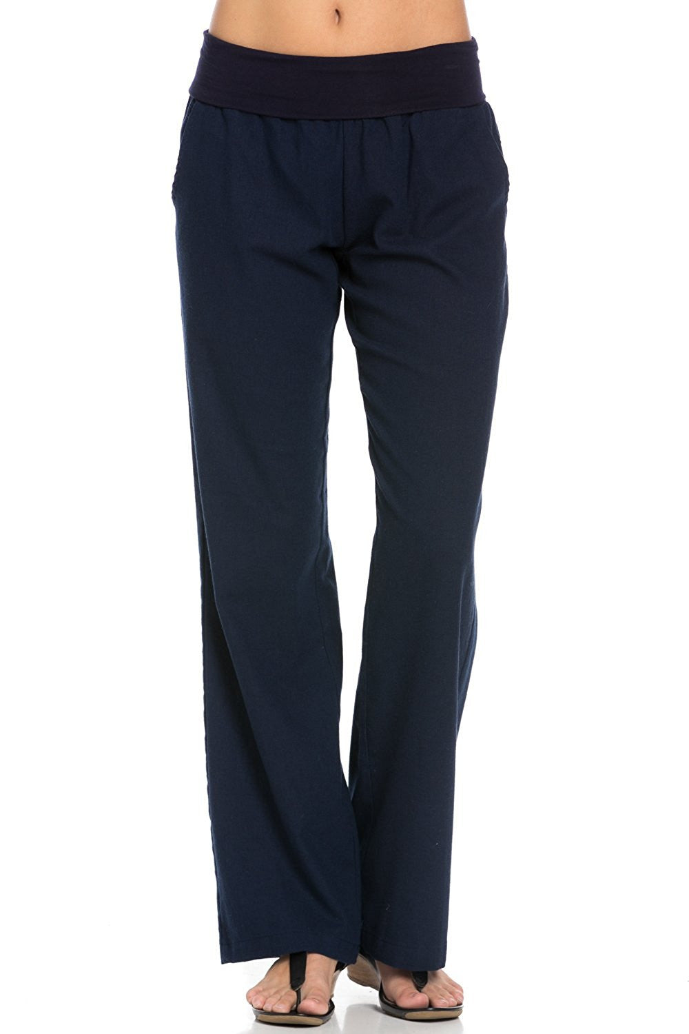 Comfy Fold Over Linen Pants (Navy) - Poplooks