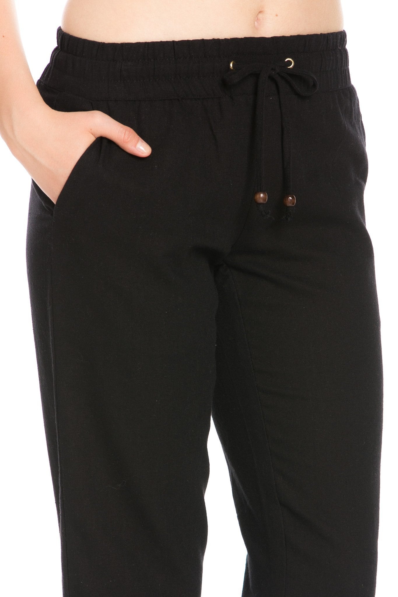 Comfy Drawstring Linen Pants Long with Band Waist (Black) - Poplooks