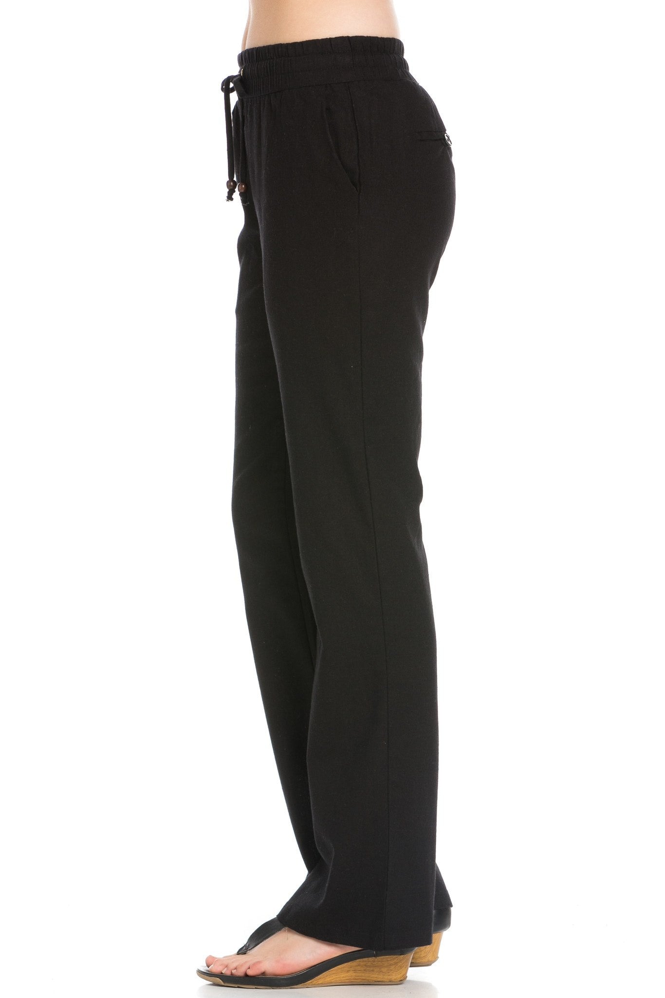 Comfy Drawstring Linen Pants Long with Band Waist (Black) - Poplooks