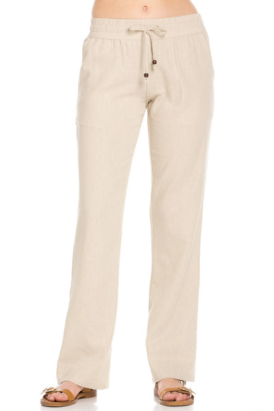 Comfy Drawstring Linen Pants Long with Band Waist (Natural) - Poplooks