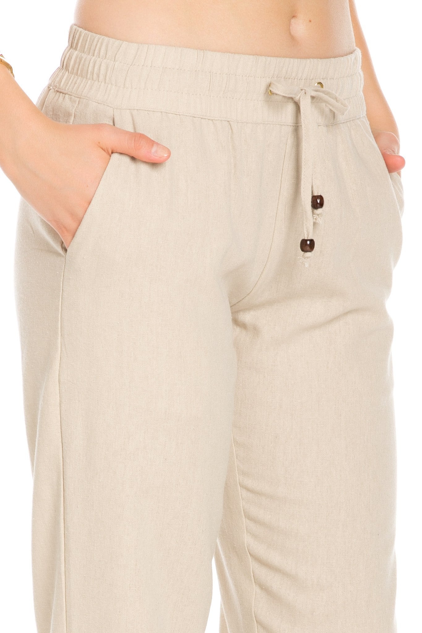 Comfy Drawstring Linen Pants Long with Band Waist (Natural) - Poplooks