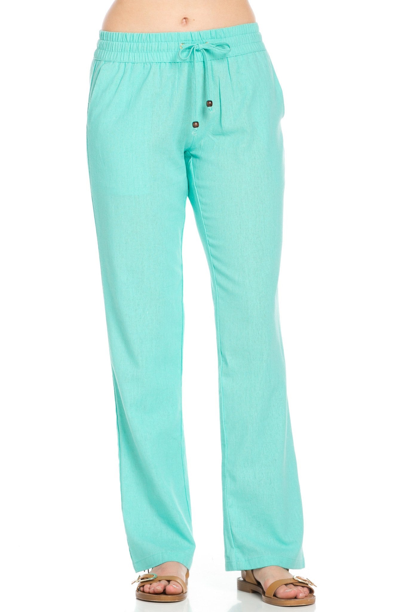 Comfy Drawstring Linen Pants Long with Band Waist (Mint) - Poplooks