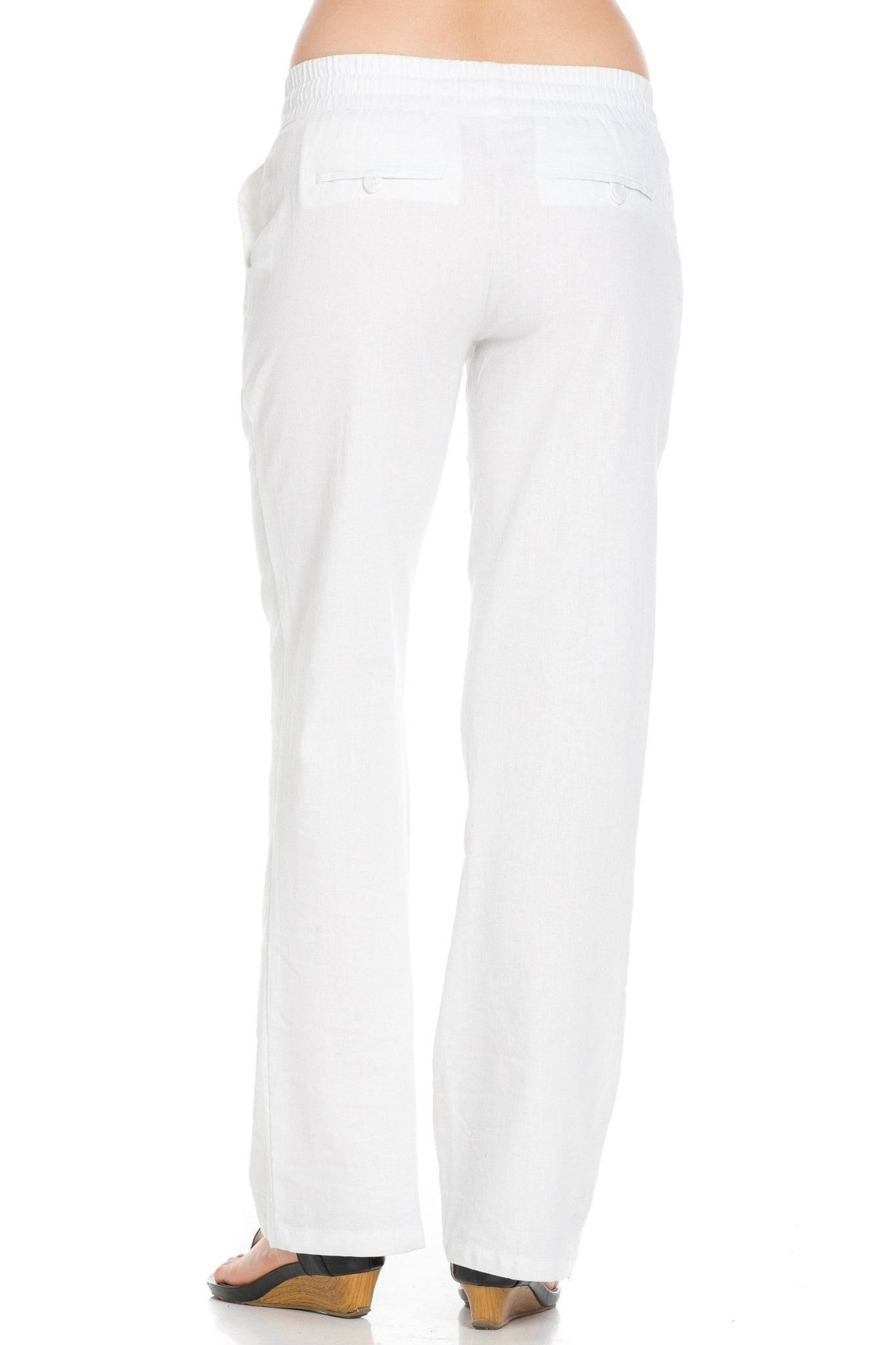 Comfy Drawstring Linen Pants Long with Band Waist (White) - Poplooks