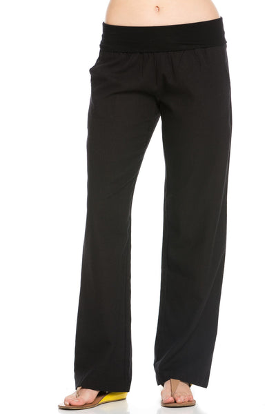 Comfy Fold Over Linen Pants (Black) - Poplooks