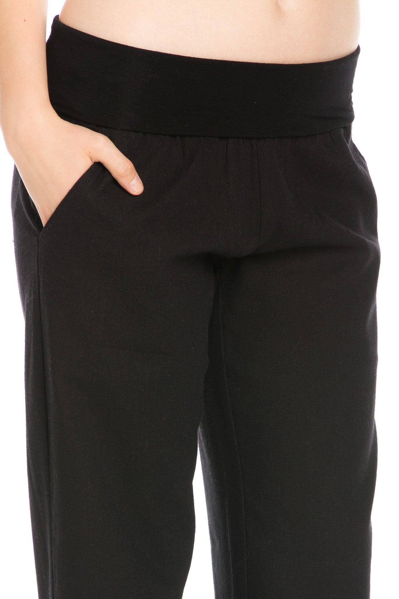 Comfy Fold Over Linen Pants (Black) - Poplooks