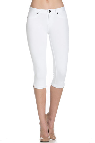 4 Way Stretchy Ponte Knit Capri Skinny Jeans (White) - Poplooks