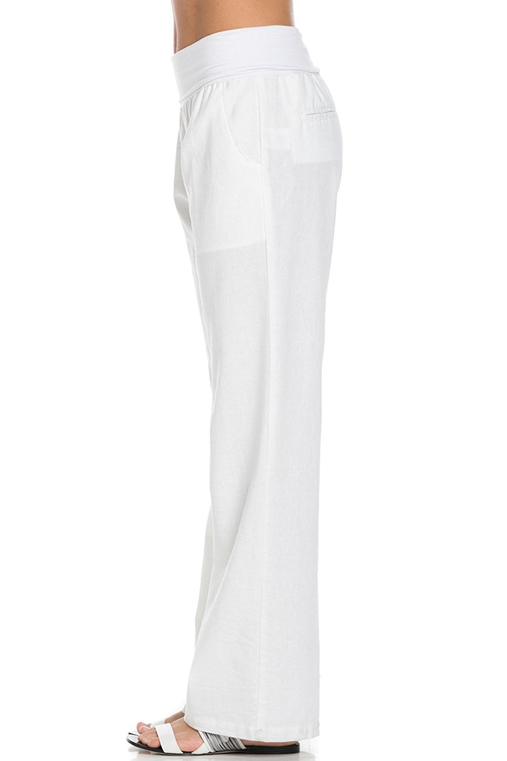 Comfy Fold Over Linen Pants (White) - Poplooks